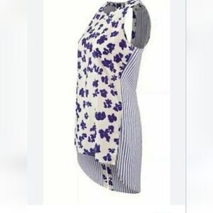 Cabi Hi Low Top Tunic M Striped Floral Blouse Blue White Tank Slit Back #5357